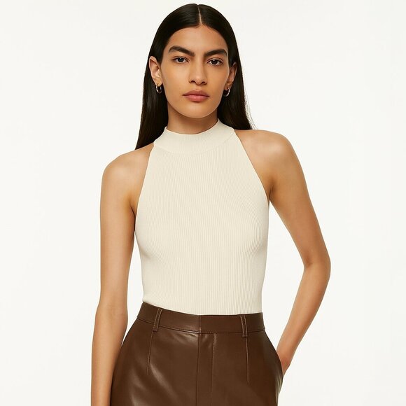 Aritzia Tops - Aritzia Babaton Sculpt Knit Halter Top Tank Matte Pearl Ribbed Size Small